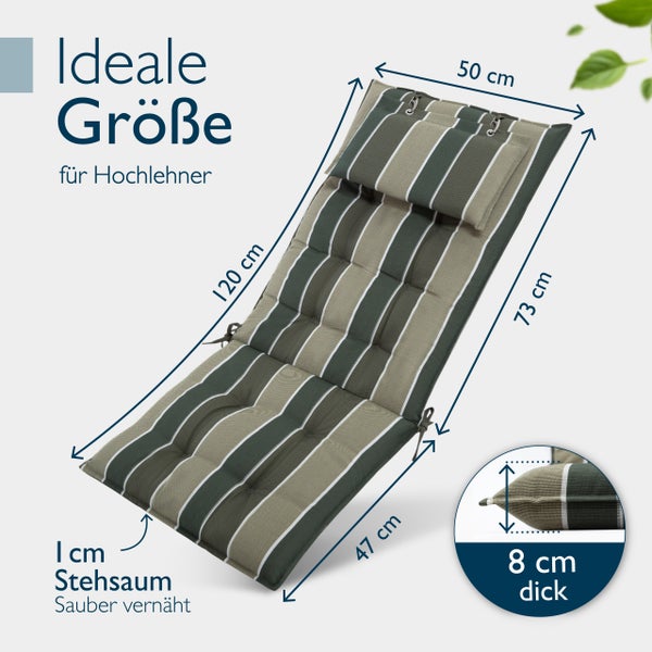 Gestreifte Auflage mit den Maßen 50 mal 120 mal 73 cm für Hochlehner mit einer Dicke von 8 cm