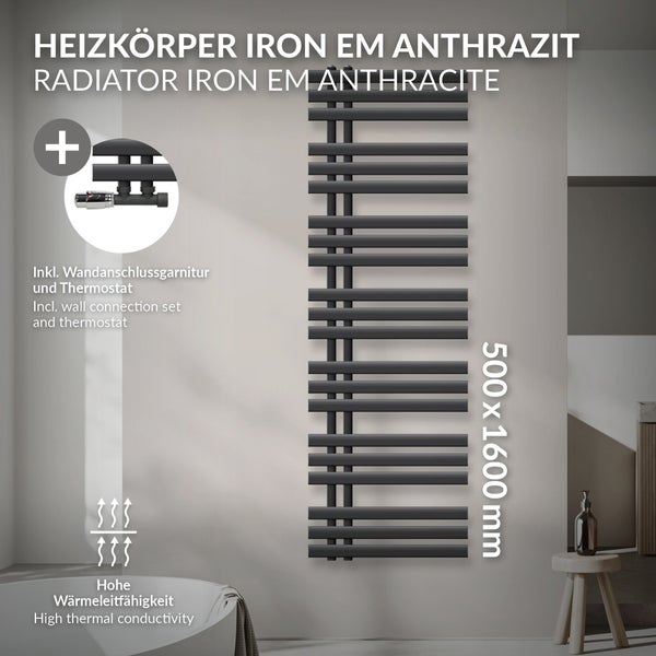 LuxeBath Badheizkörper Iron EM 500x1600 mm Anthrazit Mittelanschluss mit Anschlussgarnitur und Thermostat Eck Wand, Design Heizkörper Bad Heizung Handtuchwärmer Handtuchtrockner Handtuchheizkörper