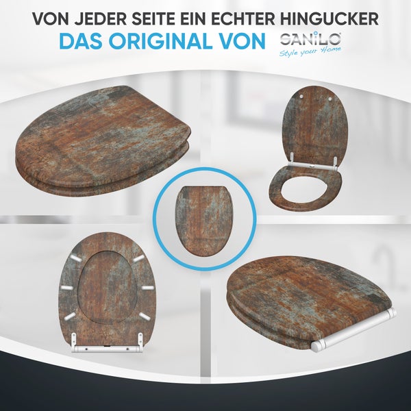 Sanilo WC-Sitz mit Rost-Optik, verschiedene Ansichten von oben, unten und geöffnet mit Sanilo Logo.
