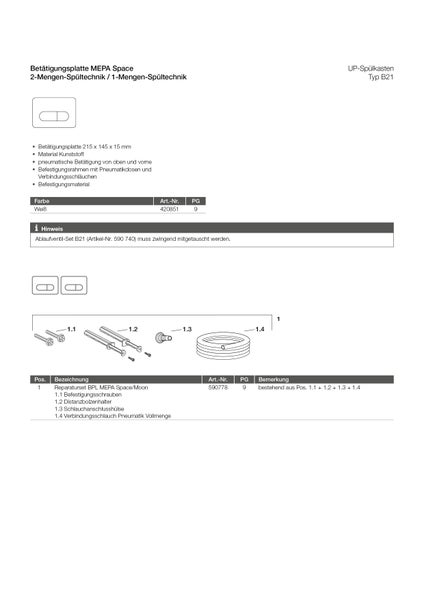 Produktdatenblatt für MEPA Space Betätigungsplatte für Unterputz-Spülkasten Typ B21 mit technischer Zeichnung des Reparatursets und Zubehör.