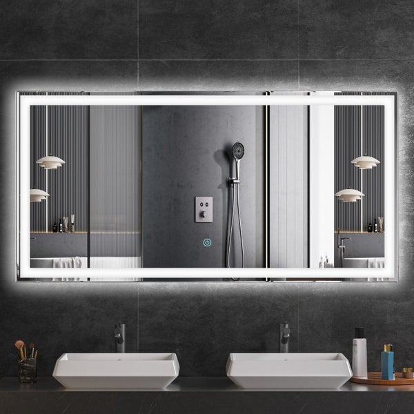 Rechteckiger Badezimmerspiegel mit LED Beleuchtung und Touch Schalter über einem Doppelwaschbecken mit zwei Waschschalen im modernen Bad.