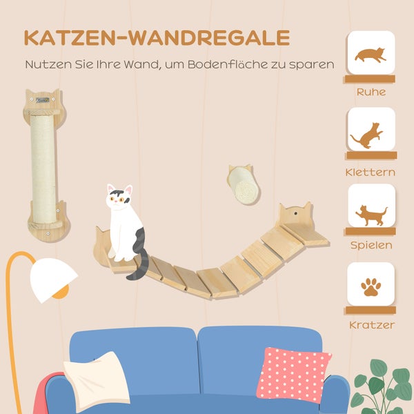 PawHut Kletterwand Katzen, 3-teilig Katzen Kletterwand Set Stabiler Katzenmöbel mit Kratzbaum, Trittplatte, Leiter, Wandkratzbaum für Katzen bis 5 kg, Naturholz