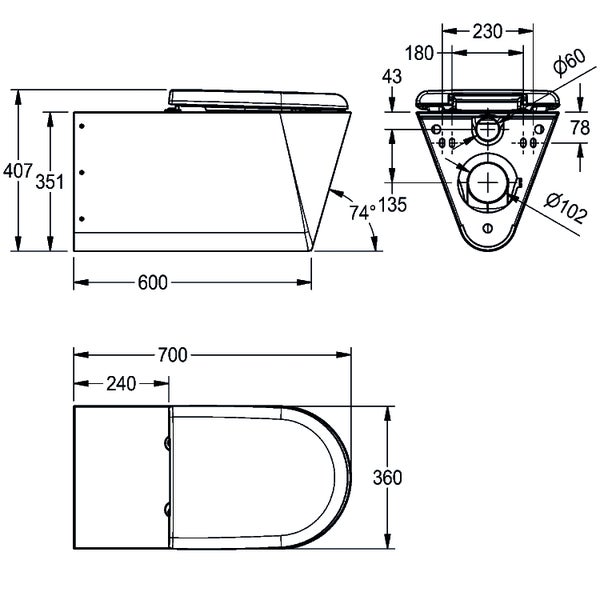 Technische Zeichnung eines wandhängenden WCs mit Maßangaben in Millimetern für Seitenansicht, Rückansicht und Draufsicht.