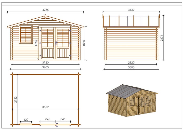Gartenhaus, Gerätehaus 11,70m2 - 3,90x3m - 34mm - Imprägniert