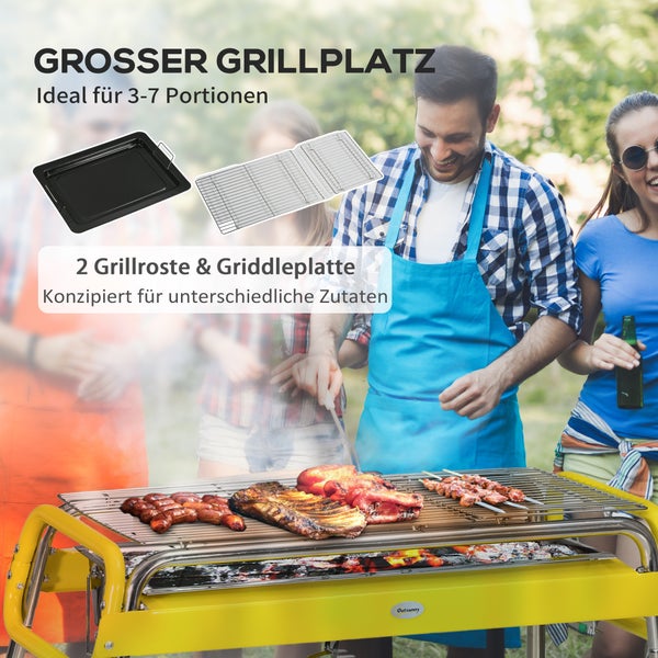 Outsunny Holzkohlegrill, BBQ Grill, klappbare Beine, herausnehmbare Kohleschale, Edelstahl, 85 x 43 x 72 cm, Metall, Edelstahl, Gelb
