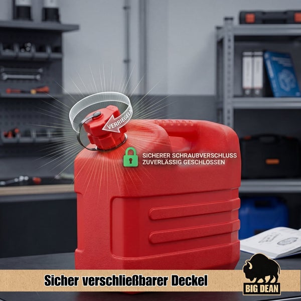 Kraftstoffkanister mit sicherem Schraubverschluss von Big Dean für den sicheren Transport von Flüssigkeiten im Lager oder der Werkstatt