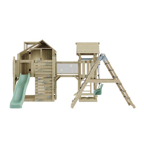 Spielanlage aus Holz mit Rutsche, Kletterwand, Schaukel und Tafel