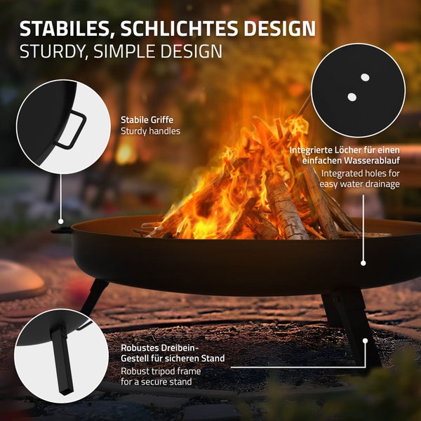 ECD Germany Feuerschale Ø70 x 27 cm mit 3 klappbaren Füßen, Dreibein Feuerstelle für den Garten, Stahl Feuerkorb rund mit 2 Griffen & 2 Entwässerungslöcher, Outdoor Eisenschale Feuertonne BBQ Camping