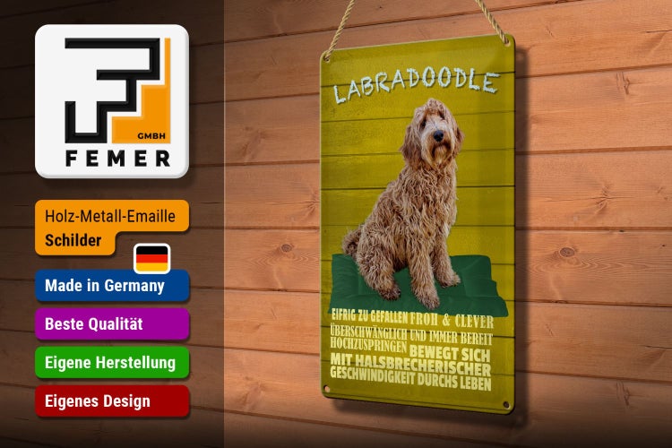 Blechschild Spruch 20x30cm Labradoodle Hund froh und clever