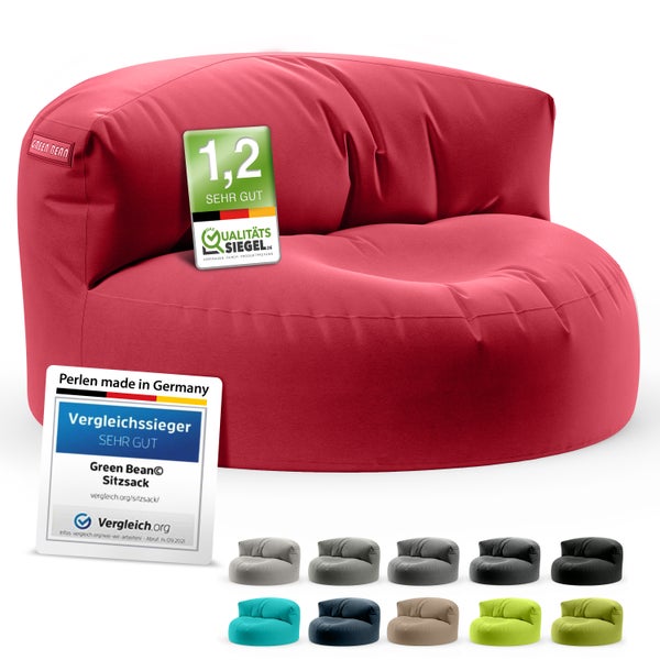 Roter Green Bean Sitzsack mit Vergleichssieger Siegel und Qualitätssiegel