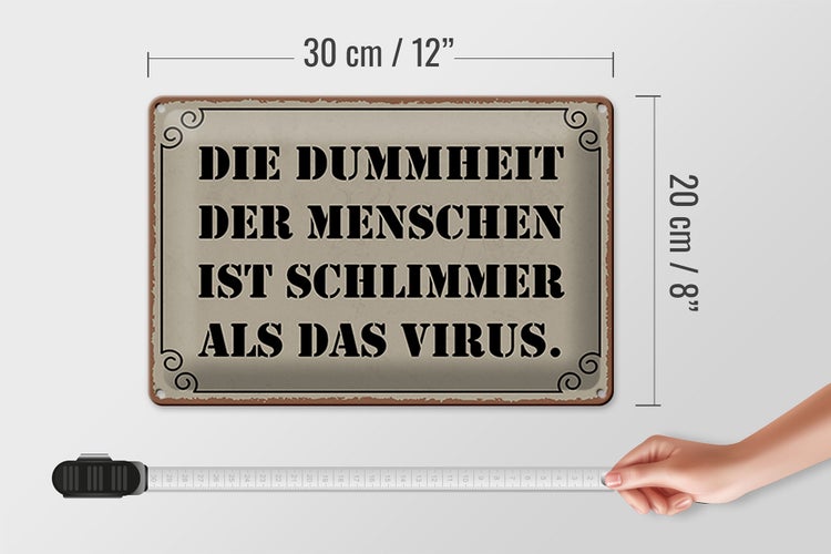 Blechschild Spruch 30x20cm Dummheit schlimmer als Virus