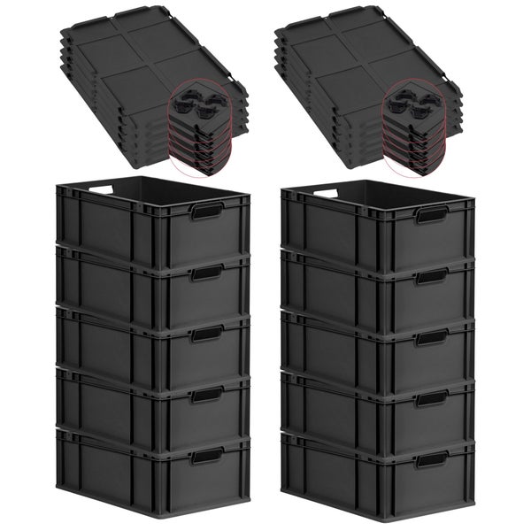 PROREGAL SparSet 10x Eurobox NextGen Grip mit Auflagedeckel inkl. 4 schwarzen Schiebeschnappverschlüssen, HxBxT 22x40x60cm, 44 Liter, Schwarz, Griffe offen, Verstärkter Boden, Eurobehälter, Transportbox, Transportbehälter, Stapelbehälter