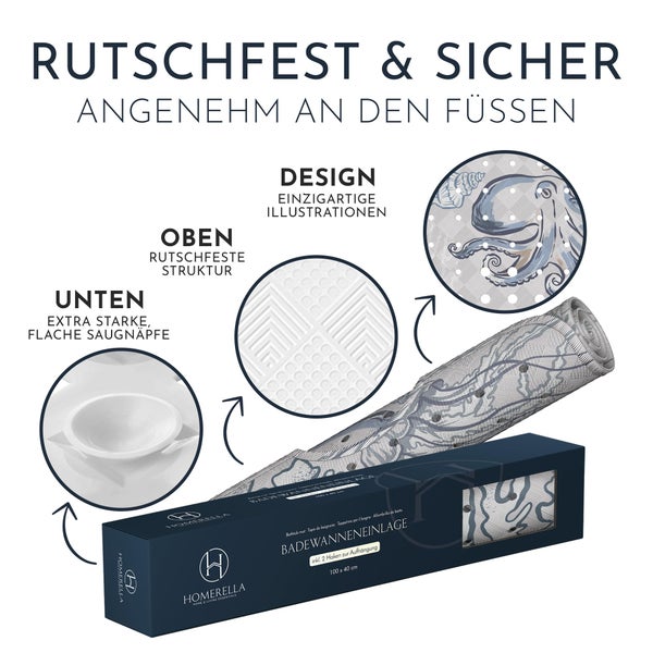 Homerella® Badewannenmatte rutschfest 100% BPA frei inkl. 2 Haken zum Aufhängen 100x40cm - Antirutschmatte Badewanne hautsensitiv & schimmelresistent - Badematte rutschfest maschinenwaschbar