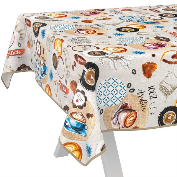 Tischdecke mit Kaffeemotiv auf einem Tisch