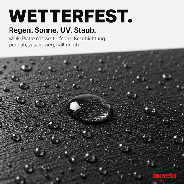 Nahaufnahme einer wetterfesten MDF-Platte mit Wassertropfen auf einer strukturierten Oberfläche.