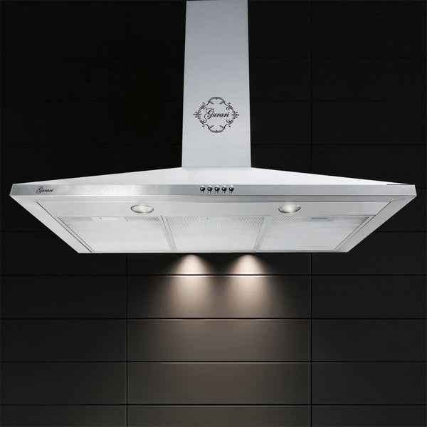 Wand-Dunstabzugshaube von Gurari aus Edelstahl mit integrierter Beleuchtung, Kamin und Gurari Logo.