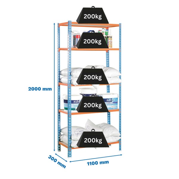 PROREGAL Schwerlastregal Big Muli HxBxT 200 x 110 x 30 cm 5 Fachböden Fachlast 200 kg Blau