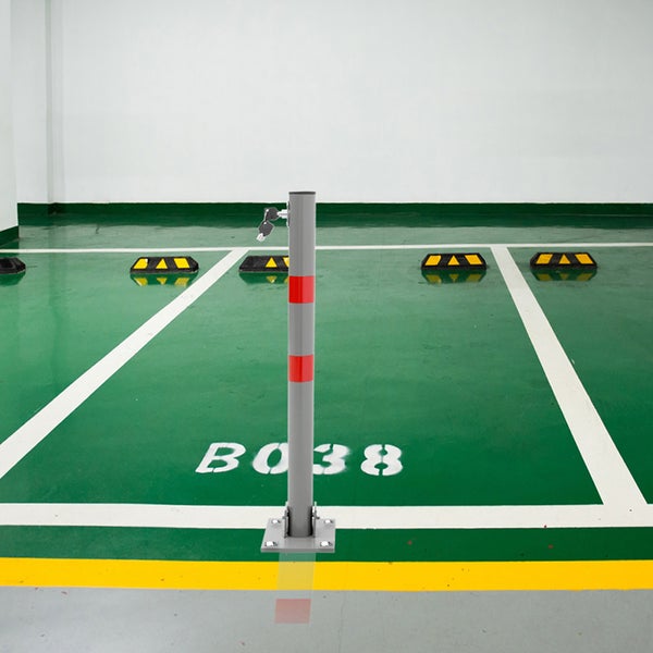 ECD Germany 1x Parkplatzsperre klappbar, rund, 71 cm, 3 Schlüsseln, Parkpfosten aus Stahl, Anthrazit mit roten Warnstreifen, Absperrpfosten Sperrpfosten Parkplatz-Barriere Park Pfosten Poller Standfuß