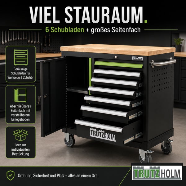 Trutzholm Werkstattwagen mit Holzplatte, sechs Schubladen und einem abschließbaren Seitenfach auf Rollen. Trutzholm Logo.