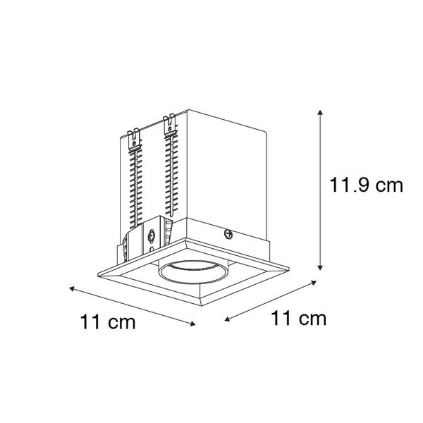 Technische Zeichnung eines quadratischen Einbaustrahlers mit den Maßen elf mal elf Zentimeter und einer Höhe von elf Komma neun Zentimeter.