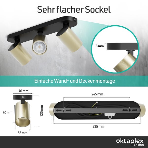 Dreiflammige Deckenleuchte mit flachem schwarzem Sockel und goldfarbenen Strahlern, Maßangaben in Millimeter und oktaplex lighting Logo.
