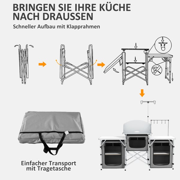 Outsunny Campingküche klappbar, Outdoor Küche mit Windschutz, 3 Schränkfach, 3 Arbeitsplatten, Verstellbar Lichtständer, für Camping, Garten, Aluminium, Oxford, Grau