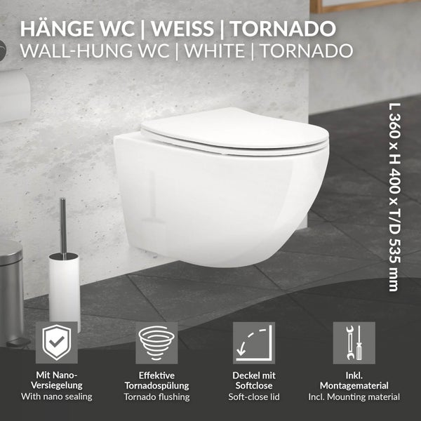 LuxeBath Wand WC Spülrandlos, Weiß, Tiefspüler Keramik Hänge WC lang 53,5 cm, Toilette ohne Spülrand mit Nano Beschichtung, Tornadospülung, Glänzende Kloschüssel Hängend mit WC-Sitz Absenkautomatik