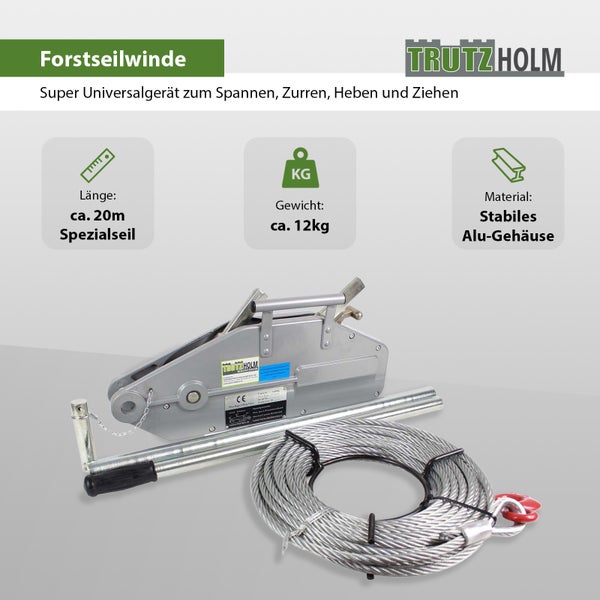 Forstseilwinde mit circa 20 Meter Spezialseil, circa 12 Kilogramm Gewicht und stabilem Aluminiumgehäuse