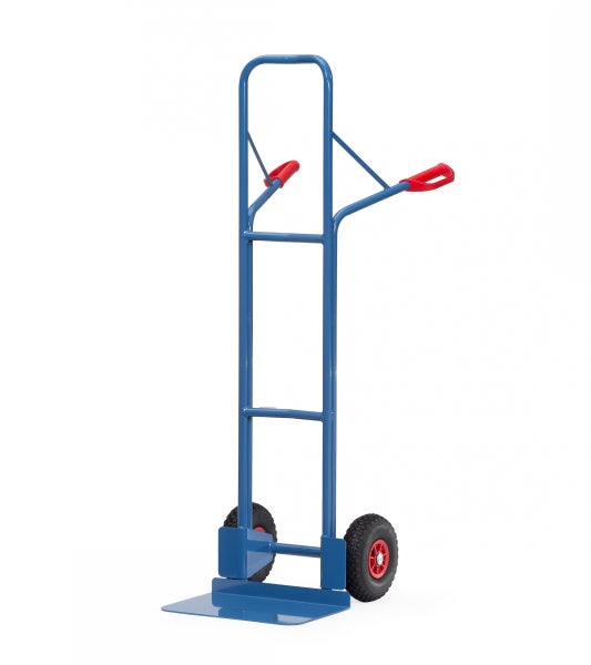 Blaue Sackkarre mit roten Griffen und Rädern