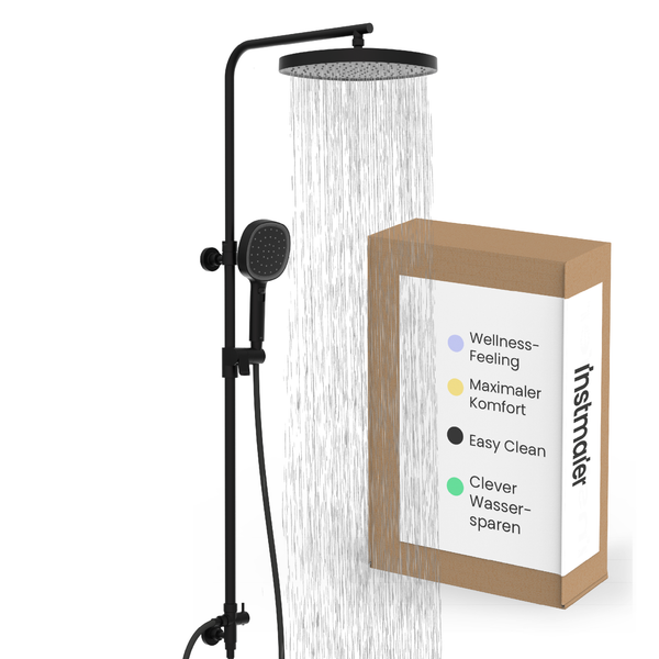 instmaier Duschsystem Matt Schwarz mit runder Kopfbrause, Handbrause und instmaier Logo. Merkmale: Wellness, Komfort, Easy Clean und Wassersparen.