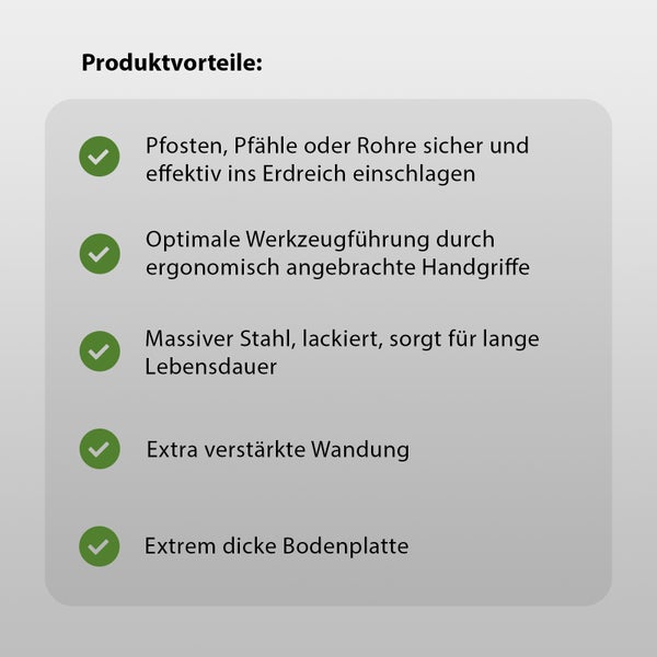 Infografik mit Produktvorteilen einer Pfostenramme: sicheres Einschlagen von Pfosten, ergonomische Griffe, massiver Stahl, verstärkte Wandung.