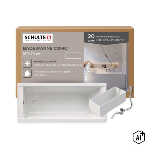 Schulte Como Badewanne 160x70 cm aus Sanitäracryl inklusive Wannenträger und Ab- und Überlaufgarnitur in Verpackung