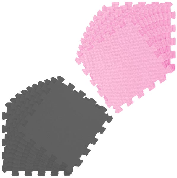 Quadratische, ineinandergreifende Schaumstoff-Bodenmatten in Rosa und Grau mit Puzzlerand und strukturierter Oberfläche.