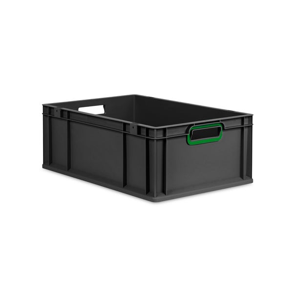 Eurobox NextGen Color, HxBxT 22x40x60cm, 44 Liter, Griffe grün offen, Verstärkter Boden, Schwarz, Eurobehälter, Transportbox, Transportbehälter, Stapelbehälter