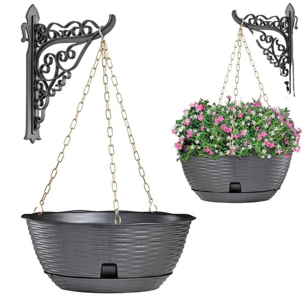 Pflanzenampel Hängeschale Blumenampel Hängeampel inkl. Kette und Wandhalterung Rattan Optik anthrazit