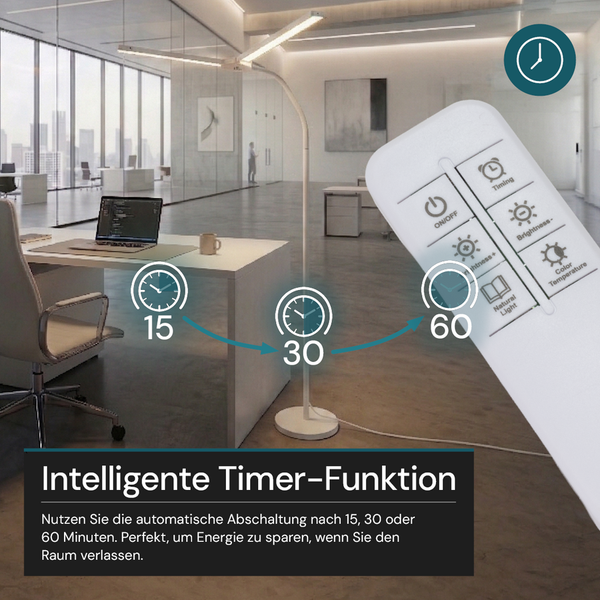 Moderne LED-Stehlampe im Büro mit Fernbedienung zur Einstellung der Timer-Funktion auf 15, 30 oder 60 Minuten.