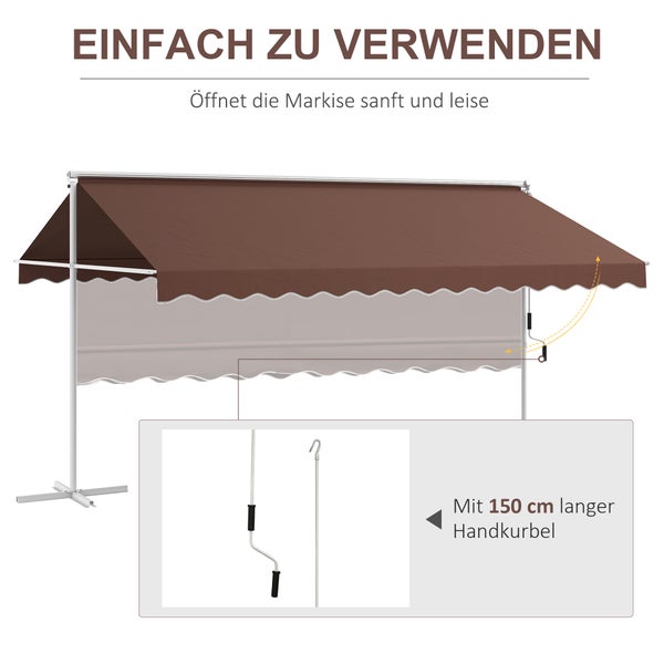 Outsunny Standmarkise, mit Handkurbel, Ausziehbare Terrassenüberdachung, Verstellbar Sonnenschutz für Garten, Balkon, 4,5 x 3,4 m, Polyester, Kaffee