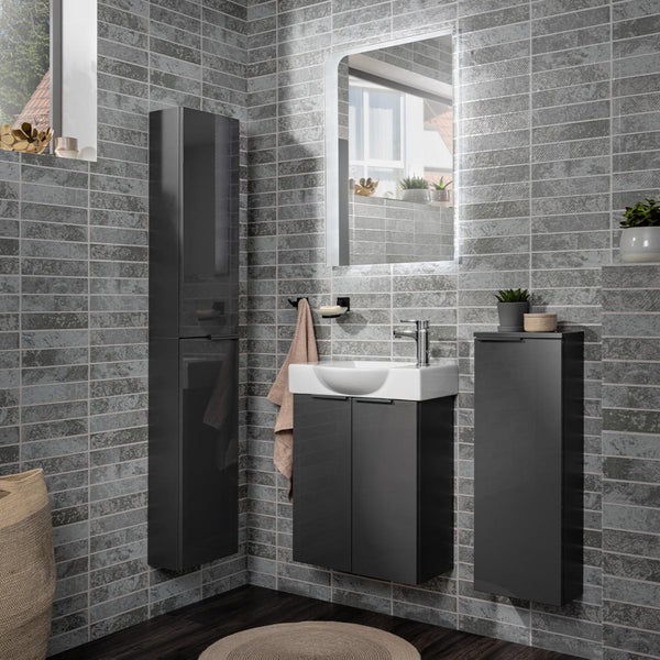 Fackelmann LUNA Gäste-WC Set 2 Teile – Waschtischunterschrank in Anthrazit mit Waschbecken aus Keramik – SBC Waschbeckenunterschrank schmal – 2 Türen – Hahnloch rechts – 55 cm breit