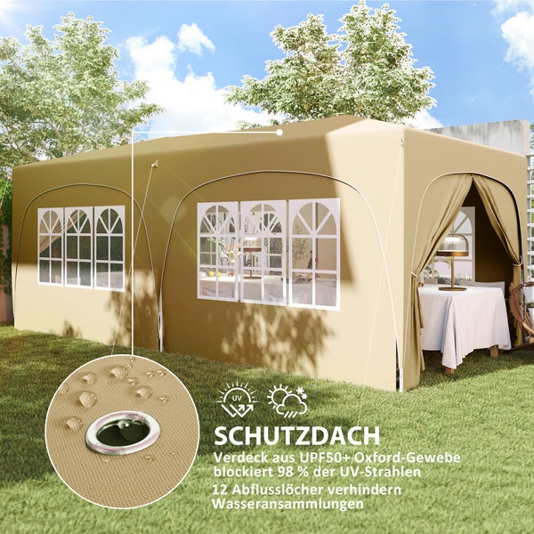Outsunny Pavillon ca. 3x6m, wasserabweisend Stabil Winterfest Pop-up Faltpavillon, UV Schutz 50+, Faltbar Partyzelt Gartenzelt mit 6 Seitenteilen Tasche Gartenpavillon für Camping Garten, Sand