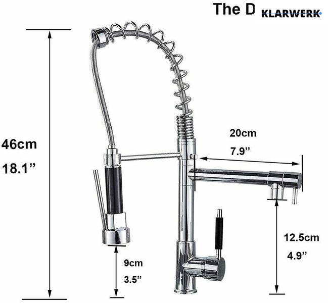 Küchenarmatur mit Spiralfeder und zweitem Auslauf, Maße: 46 Zentimeter Höhe, 20 Zentimeter Ausladung. The D KLARWERK Logo.