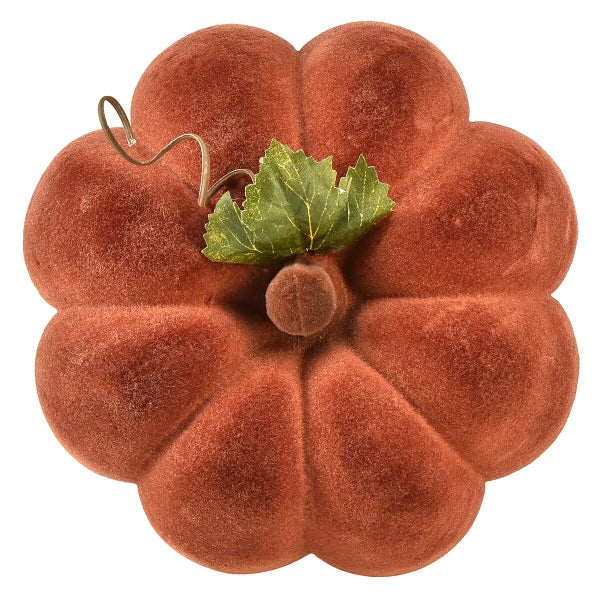 Dekorativer Kürbis aus samtigem Material mit einem Blatt und einer Ranke als Herbstdekoration.