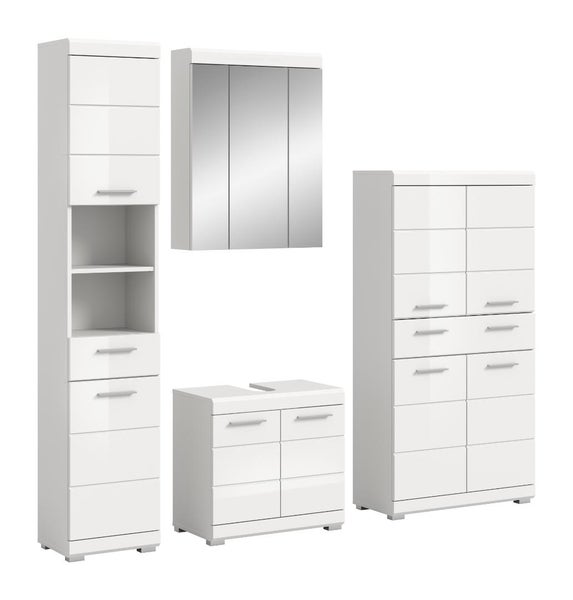 Vierteiliges Badezimmer-Möbelset in Weiß mit silbernen Griffen: Hochschrank, Spiegelschrank, Waschbeckenunterschrank und Midischrank.