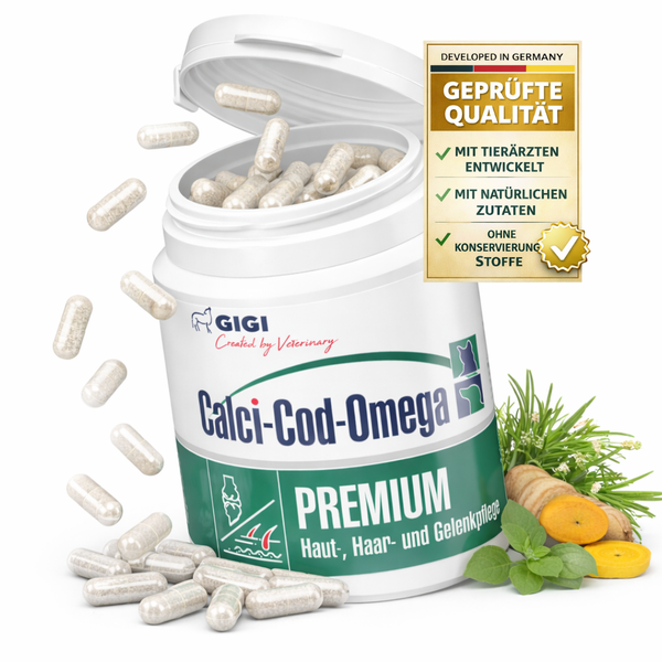 GIGI Calci-Cod-Omega Premium Nahrungsergänzung für Haustiere in Kapseln, Haut-, Haar- und Gelenkpflege, geprüfte Qualität, in Deutschland entwickelt.