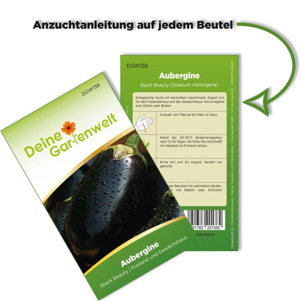 Samenbeutel für Aubergine Black Beauty von Deine Gartenwelt mit Anzuchtanleitung auf der Rückseite.