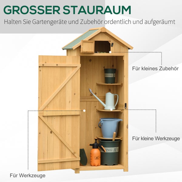 Gartenschrank aus Holz mit geöffneter Tür und Gartenwerkzeugen