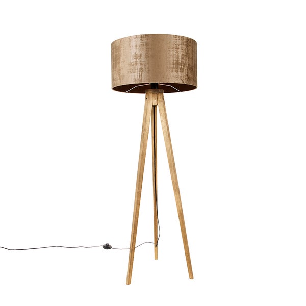 QAZQA - Landhaus I Vintage Ländliches Stativ Vintage Holz mit braunem Farbton 50 cm - Tripod I Dreifuß Lampe I Dreifuss Classic I Wohnzimmer I Schlafzimmer - Rund - LED geeignet E27