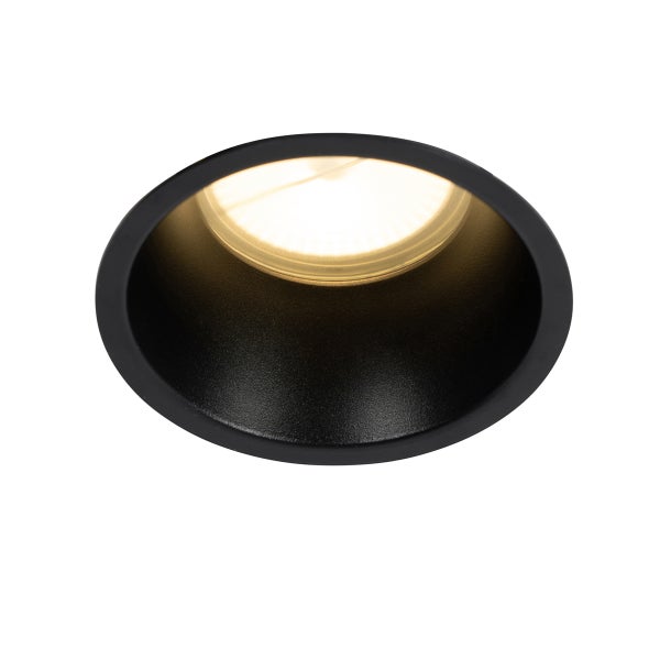 Runder LED Einbaustrahler in Schwarz mit warmweißem Licht.
