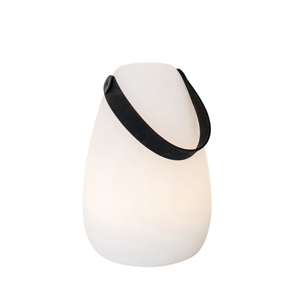 Tragbare LED-Außenleuchte in Tropfenform mit weißem Gehäuse und schwarzem Tragegriff.