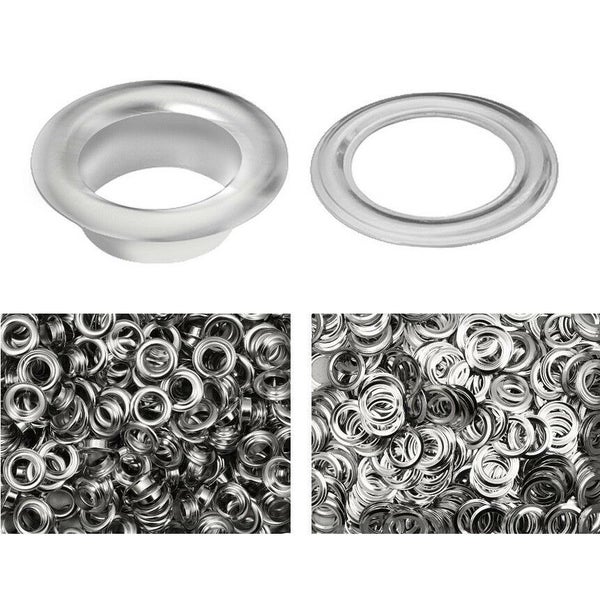 Set aus runden Metallösen für Textilien und Planen inklusive Gegenringen in verschiedenen Ansichten.