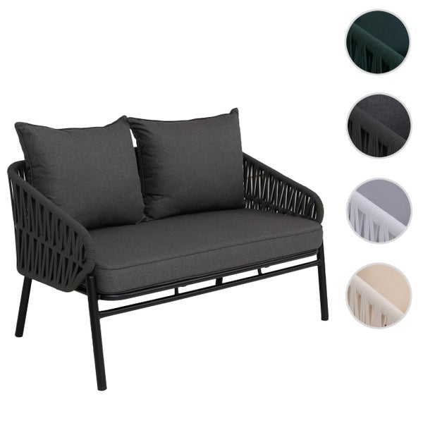 Gartensofa Zweisitzer mit Metallgestell, Seilgeflecht an Rücken- und Armlehnen sowie Sitz- und Rückenkissen.